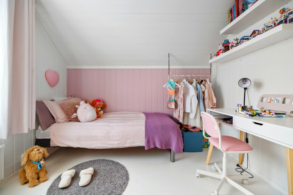 A child's bedroom with a bed, desk, and chair