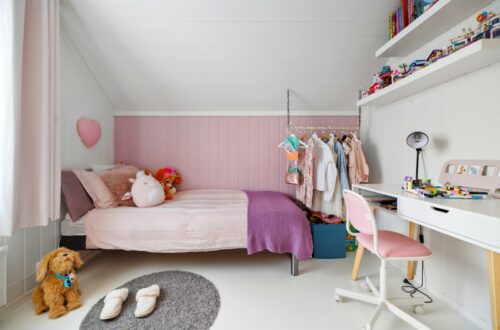 A child's bedroom with a bed, desk, and chair